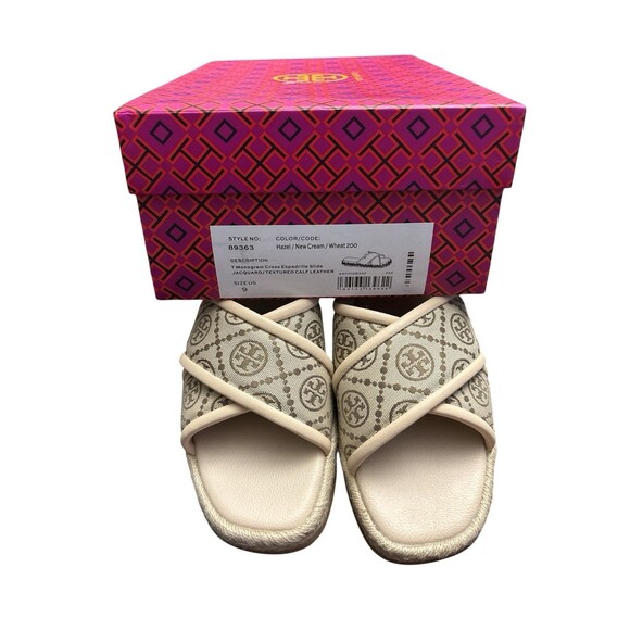 Tory Burch T Monogram Crisscross Espadrille Cream Slide Sandals Size 9 New - Picture 3 of 6